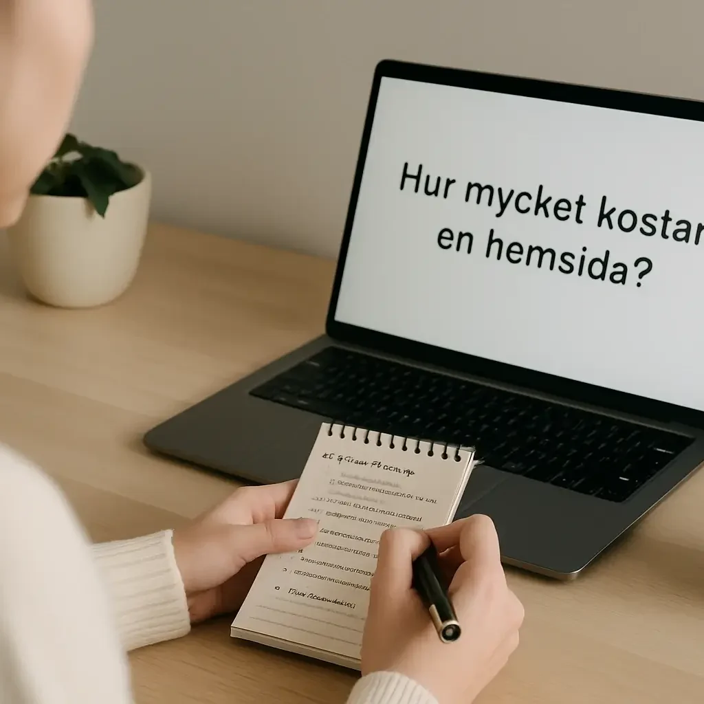 Kvinna planerar kostnad för hemsida vid skrivbord med laptop och anteckningar