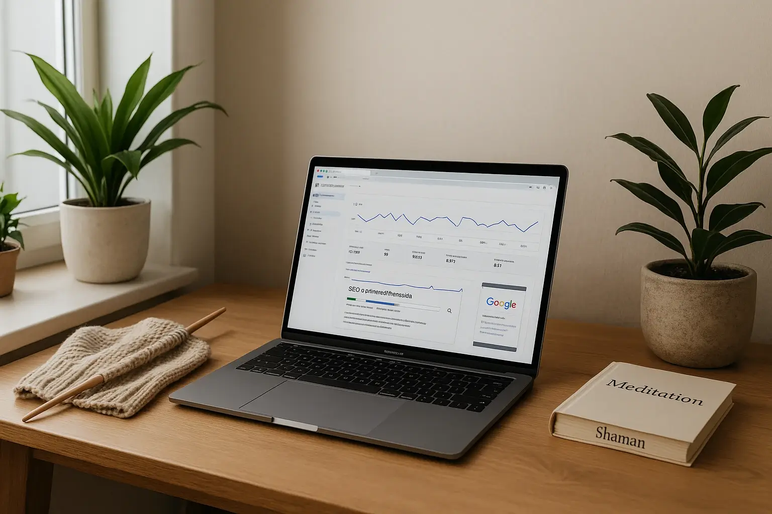 Laptop visar Google-sökresultat eller SEO-statistik i modern hemmiljö